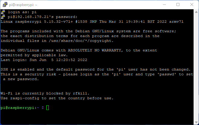 Konsolenübersicht einer frischen Raspberry Pi OS Version - Zugriff per SSH