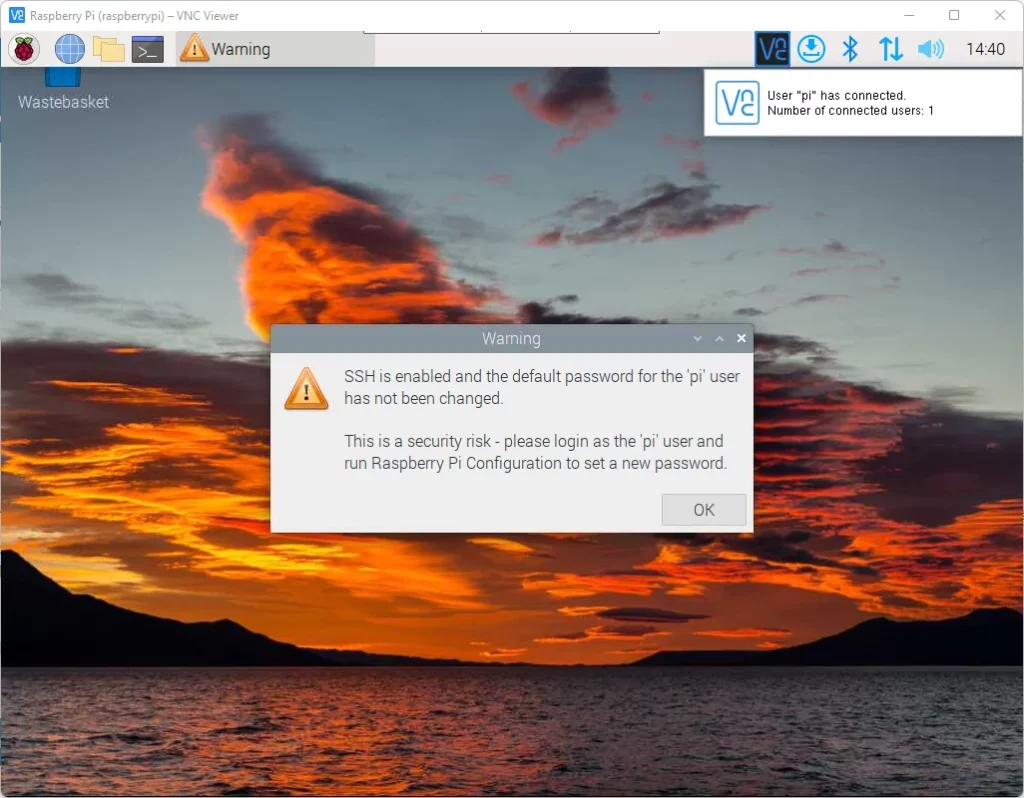 Startbildschirm vom Raspberry Pi OS und der Verbindung per VNC Ubuntu