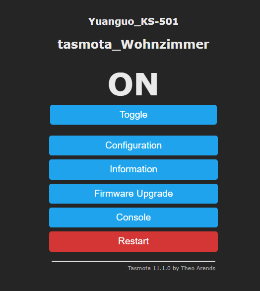 Tasmota - Übersicht eines Geräts im Netzwerk mit On / Off Toggle Funktion im MQTT