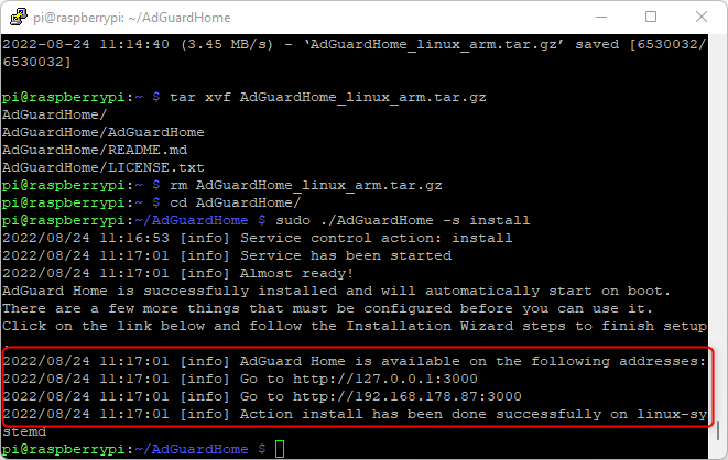 AdGuard erfolgreich auf Raspberry Pi installiert und erreichbar über den Port 3000